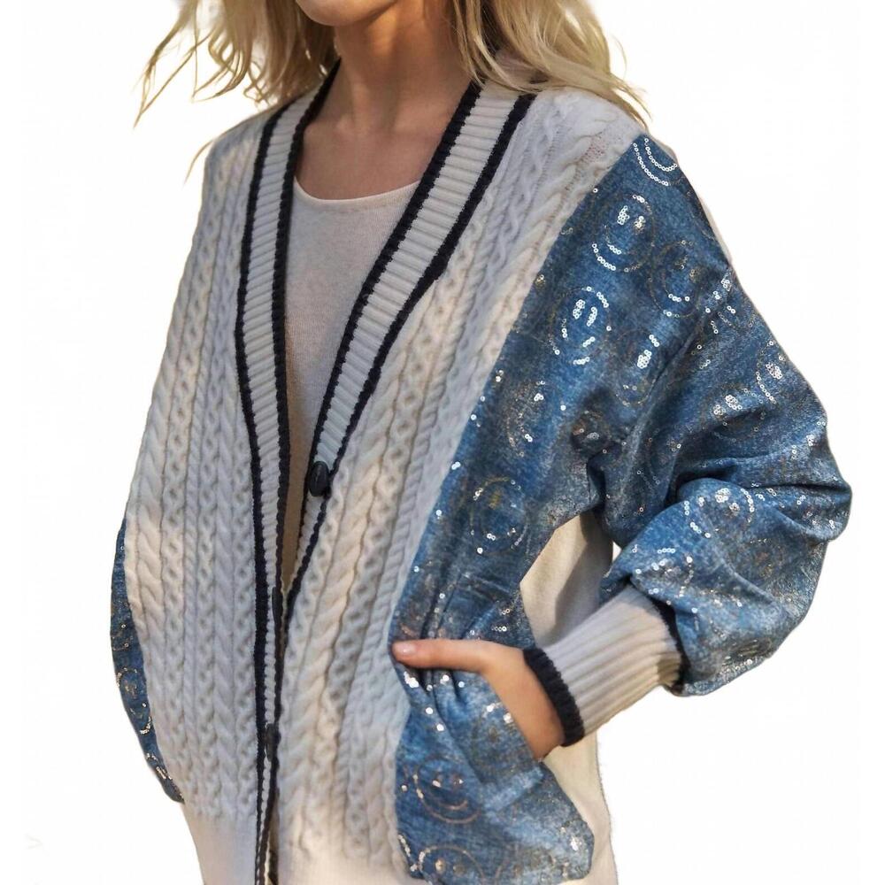 NEW MELLO mixed media happy face cardigan in off white-denim
